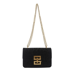 Women's black faux suede chain shoulder bag with leopard print and gold buckle