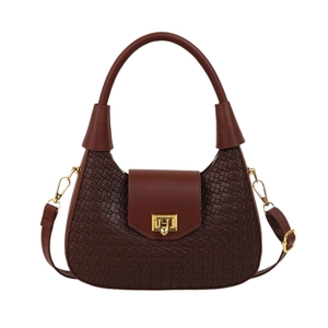 Chic dark brown woven texture crescent hobo bag with gold twist lock and shoulder strap