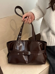 Vintage Glossy PU Leather Shoulder Bag For Women Large Capacity Tote Underarm Bag With Belt Buckle Commuter Fashion Handbag
