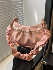 Fashion Women Ruched PU Leather Cloud Shoulder Bag Elegant Underarm Bag With Artificial Pearl Flower Chain Decoration Chic Handbag For Dating