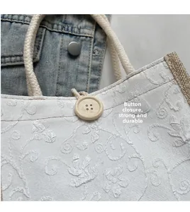 Close-up of linen bag featuring floral embroidery, a wooden button, and rope handle detail