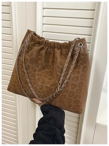 Detail of leopard print tote bag featuring silver chain strap and Active Cat logo