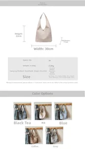 Detailed size specifications for large PU leather bucket bag with dimensions and 5 colors