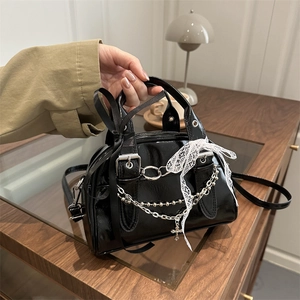 Women Retro Leopard Print Shoulder Bag Gothic Sweet Cool Crossbody Bag Metallic Chain Lace Bow Boston Handbag Fashion Bag