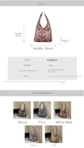 Guide des tailles et options de couleurs du sac ethnique avec dimensions et tissu
