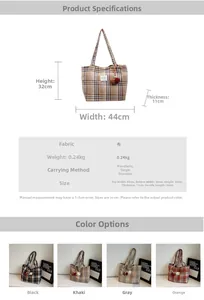 Detailed size chart and specifications for large capacity plaid tote bag with dimensions