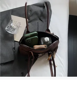 Macro shot of dark brown tote bag open interior showing ample storage for phone and wallet