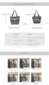 Size guide for canvas tote bags showing dimensions and colors for large and small versions