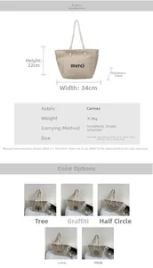 Detailed size chart for beige linen bucket bags with five artistic print variations