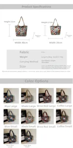 Detailed size chart and multi-color selection of floral canvas tote bags for daily commute