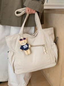 Grand sac cabas beige en velours côtelé avec poche zippée et pendentif ours mignon