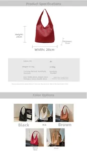 Detailed size chart and dimensions of the woven PU leather tote bag with five color options