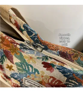 Close-up of the smooth metal zipper and floral jacquard fabric on the ethnic tote bag