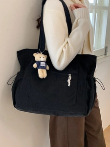 Grand sac cabas en velours côtelé noir pour femme avec charme d'ours et cordon