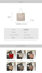 Detailed size guide of canvas lunch bag with butterfly embroidery and wooden button knot handle