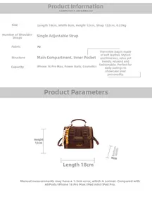 Detailed dimension guide for leopard print crossbody bag showing 18x8x12cm size specs
