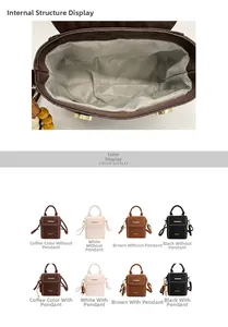 Detail view of MICOCAH bag interior structure and multiple color options with golden hardware