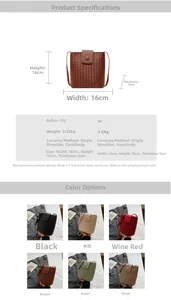 Detailed size specifications and multi-color options for the woven texture bucket bag