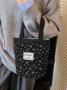 Cute Corduroy Tote Bag For Women Japanese Style Bow Heart Printed Handbag Small Casual Commuter Lunch Box Storage Bag