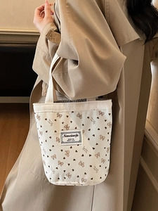 Cute Japanese corduroy tote bag with strawberry bow print and comfortable hand strap
