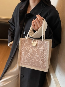 Women Vintage Floral Embroidered Linen Tote Bag Casual Small Handbag With Cotton Rope Handle And Button Closure Lunch Bag
