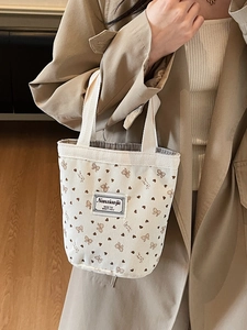 Cute corduroy tote bag with strawberry bow print for women daily commuting usage
