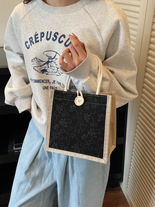 Ins style linen handbag with black floral jacquard and white rope handle for women