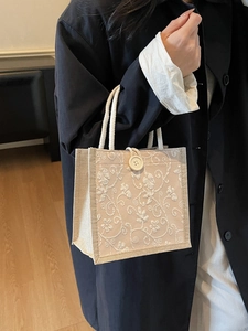 French retro linen mini tote bag with white floral embroidery and cotton rope handles