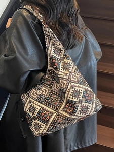 Sac Cabas à Motif Géométrique Ethnique Grande Capacité Tissu Jacquard Sac à Épaule Style Bohème Vintage Sac à Main Femmes