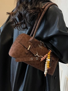 Brown leopard print suede crossbody bag with retro metal buckle and beaded charm