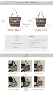 Detailed size guide and multi-color options for bohemian style canvas tote bags