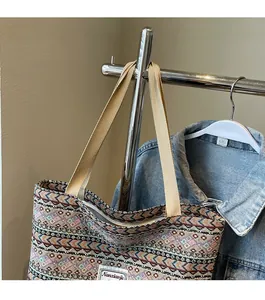 Detail of colorful geometric woven tote bag with comfortable wide beige strap