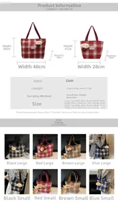 Detailed size guide for large and small checkered tote bags with dimensions and colors