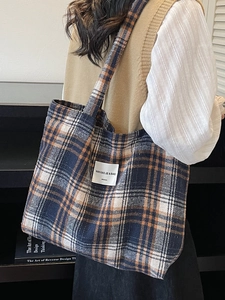 Large vintage plaid tote bag in blue and orange stripes for college students