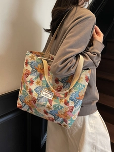 Ethnic Canvas Jacquard Tote Bag For Women Large Capacity Tropical Leaf Pattern Shoulder Bag Vintage Floral Handbag