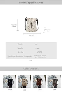 Corduroy bucket bag with bear print showing size chart and four available colors
