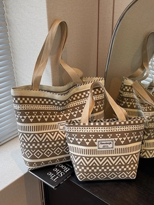 Bohemian patterned canvas tote bag set with geometric prints and woven handles
