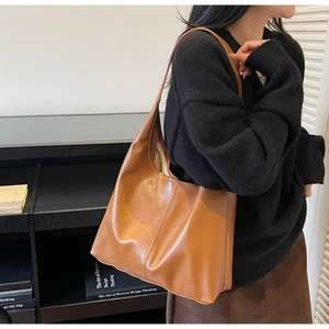 Brown large capacity PU leather tote bag with soft texture for professional daily use