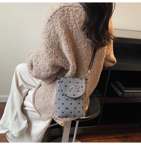 Close-up of a small grey polka dot crossbody bag with a silver bow accent on the flap