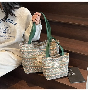 Close-up of bohemian geometric patterned tote bags in two sizes on wooden steps