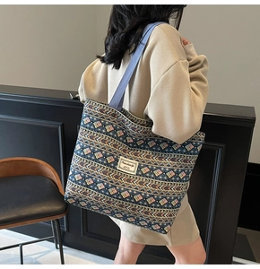 Detailed view of large ethnic tote bag with geometric woven fabric and nylon strap
