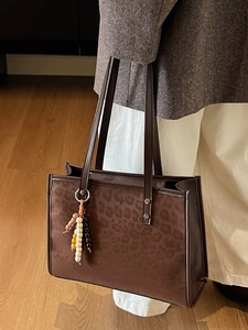 Large leopard print tote bag in brown faux suede with colorful beaded charm accessory