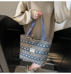 Ethnic style large canvas tote bag featuring geometric rhombus patterns for daily commuting
