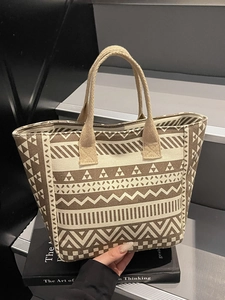Ethnic Geometric Pattern Canvas Tote Bag For Women Large Capacity Printed Shoulder Bag Daily Commute Handbag Bohemian Bag