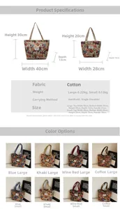 Guide des tailles des sacs en toile florale indiquant les dimensions en deux formats