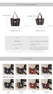 Size chart and color options for large ethnic tote bag with woven geometric patterns