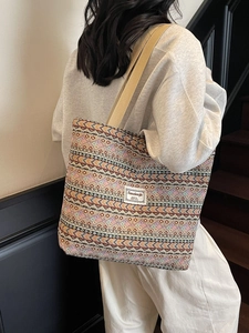 Ethnic Tote Bag Woven Canvas Large Capacity Shoulder Bag For Women Bohemian Vintage Geometric Pattern Commuting Travel Handbag