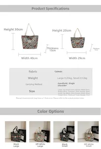 Size chart showing large and small floral tote bags in black and cream canvas with details