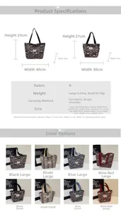 Detailed size specifications for large and small ethnic tote bags with floral patterns