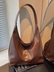 Brown large capacity hobo shoulder bag with glossy oil leather texture for women